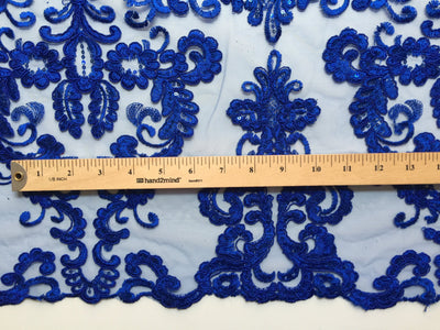 Vivian ROYAL BLUE Polyester Embroidery with Sequins on Mesh Lace Fabric by the Yard for Gown, Wedding, Bridesmaid, Prom - 10003
