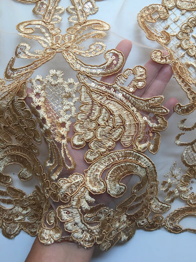 Vivian DARK GOLD Polyester Embroidery with Sequins on Mesh Lace Fabric by the Yard for Gown, Wedding, Bridesmaid, Prom - 10003