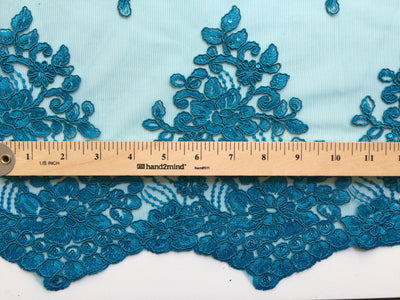 Brianna TURQUOISE Polyester Floral Embroidery with Sequins on Mesh Lace Fabric by the Yard - 10020