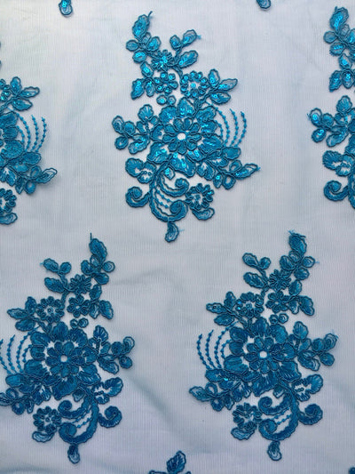 Brianna TURQUOISE Polyester Floral Embroidery with Sequins on Mesh Lace Fabric by the Yard - 10020
