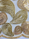Arielle GOLD Leaf Paisley Foil and Sequins on Mesh Lace Fabric by the Yard - 10068