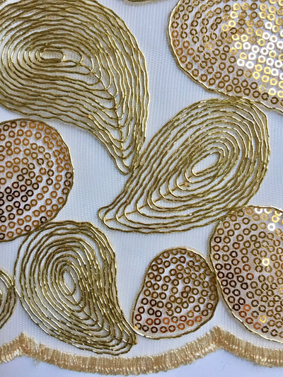 Arielle GOLD Leaf Paisley Foil and Sequins on Mesh Lace Fabric by the Yard - 10068