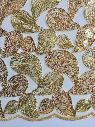Arielle GOLD Leaf Paisley Foil and Sequins on Mesh Lace Fabric by the Yard - 10068