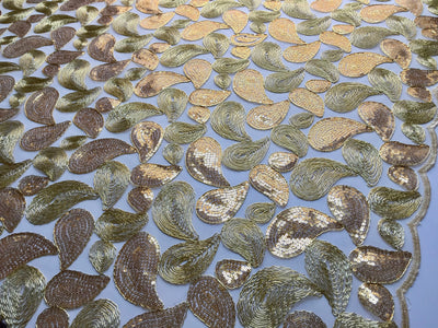Arielle GOLD Leaf Paisley Foil and Sequins on Mesh Lace Fabric by the Yard - 10068