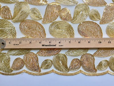 Arielle GOLD Leaf Paisley Foil and Sequins on Mesh Lace Fabric by the Yard - 10068