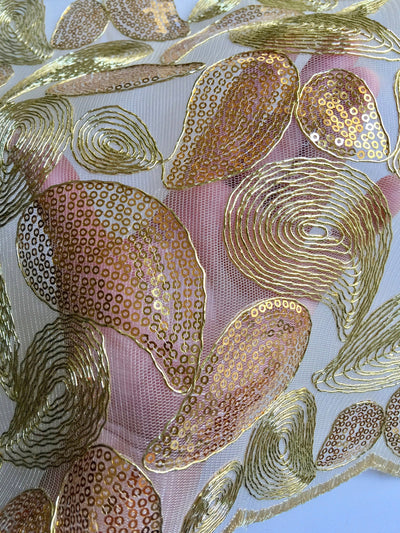 Arielle GOLD Leaf Paisley Foil and Sequins on Mesh Lace Fabric by the Yard - 10068