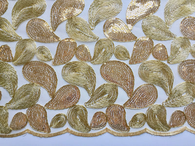 Arielle GOLD Leaf Paisley Foil and Sequins on Mesh Lace Fabric by the Yard - 10068