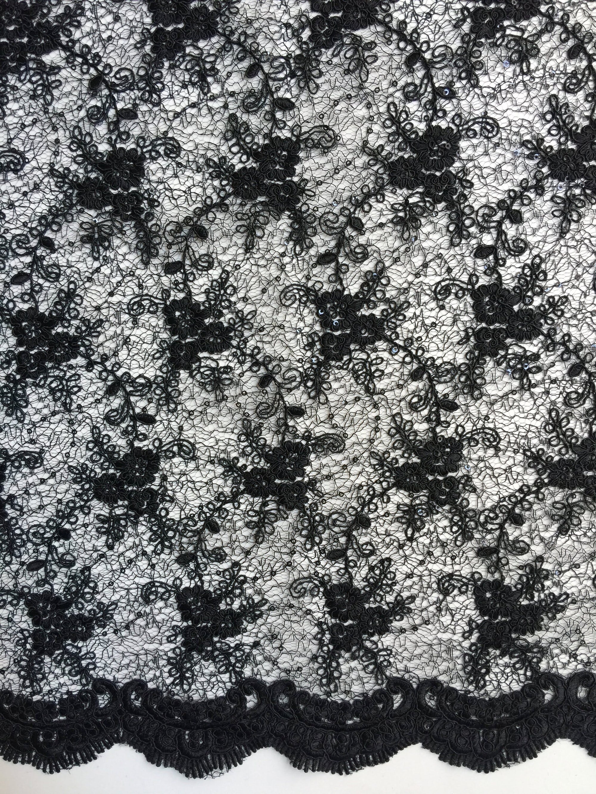 Megan BLACK Polyester Corded Floral Embroidery with Sequins on Web Mesh Lace Fabric by the Yard - 10109