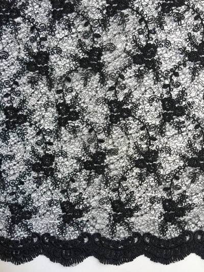 Megan BLACK Polyester Corded Floral Embroidery with Sequins on Web Mesh Lace Fabric by the Yard - 10109
