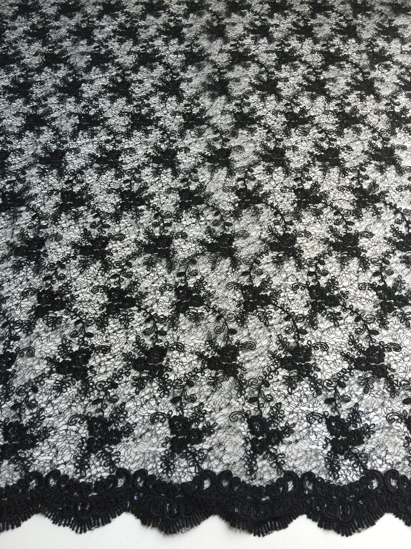 Megan BLACK Polyester Corded Floral Embroidery with Sequins on Web Mesh Lace Fabric by the Yard - 10109