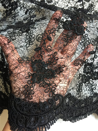 Megan BLACK Polyester Corded Floral Embroidery with Sequins on Web Mesh Lace Fabric by the Yard - 10109