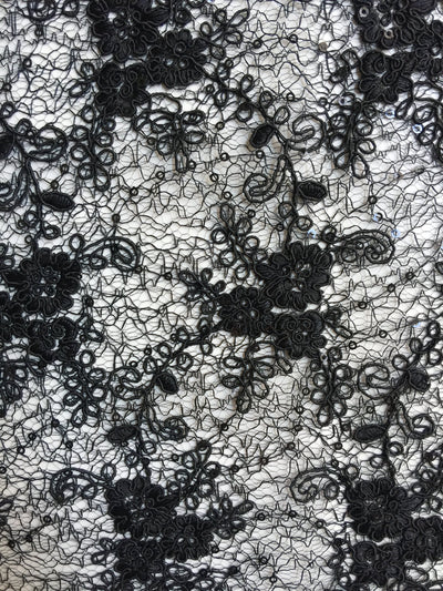 Megan BLACK Polyester Corded Floral Embroidery with Sequins on Web Mesh Lace Fabric by the Yard - 10109
