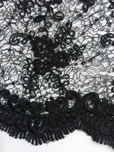 Megan BLACK Polyester Corded Floral Embroidery with Sequins on Web Mesh Lace Fabric by the Yard - 10109