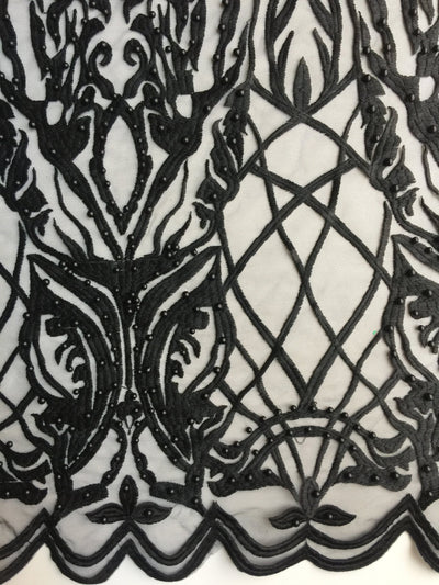 Sabrina BLACK Faux Pearls Beaded Lace Embroidery on Mesh Fabric by the Yard - 10098