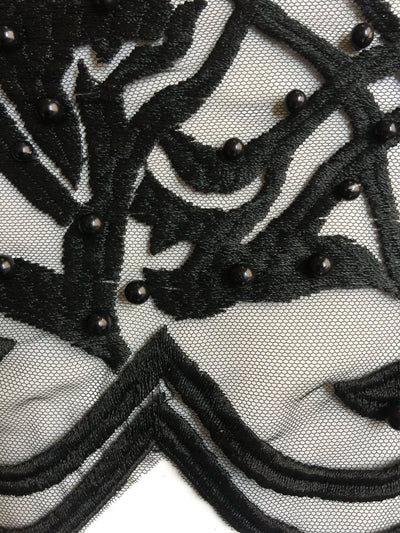 Sabrina BLACK Faux Pearls Beaded Lace Embroidery on Mesh Fabric by the Yard - 10098
