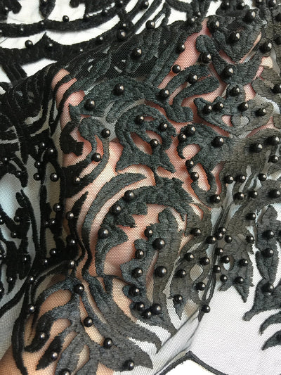 Sabrina BLACK Faux Pearls Beaded Lace Embroidery on Mesh Fabric by the Yard - 10098