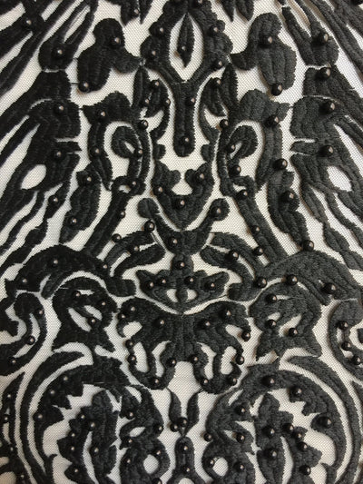Sabrina BLACK Faux Pearls Beaded Lace Embroidery on Mesh Fabric by the Yard - 10098