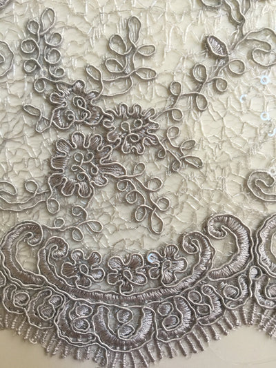 Megan GREY Polyester Corded Floral Embroidery with Sequins on Web Mesh Lace Fabric by the Yard - 10109