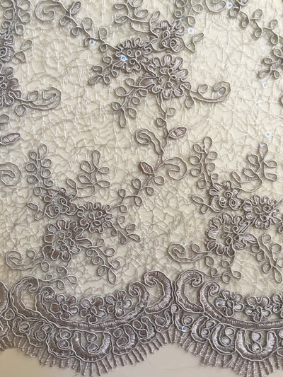 Megan GREY Polyester Corded Floral Embroidery with Sequins on Web Mesh Lace Fabric by the Yard - 10109