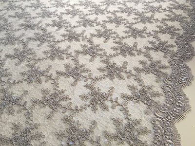Megan GREY Polyester Corded Floral Embroidery with Sequins on Web Mesh Lace Fabric by the Yard - 10109