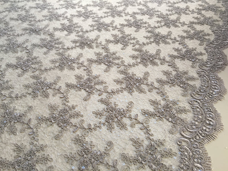 Megan GREY Polyester Corded Floral Embroidery with Sequins on Web Mesh Lace Fabric by the Yard - 10109