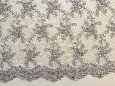 Megan GREY Polyester Corded Floral Embroidery with Sequins on Web Mesh Lace Fabric by the Yard - 10109