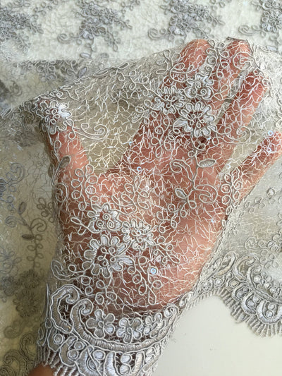 Megan GREY Polyester Corded Floral Embroidery with Sequins on Web Mesh Lace Fabric by the Yard - 10109