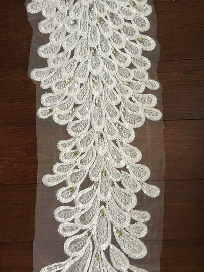 Gracie IVORY Vegas Peacock Beaded Sequins Embroidered on Mesh Lace Fabric by Panel - 10012