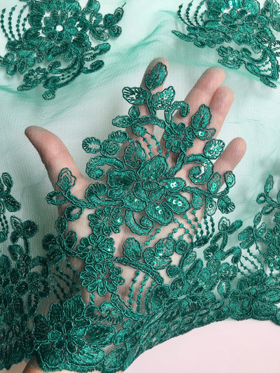 Brianna HUNTER GREEN Polyester Floral Embroidery with Sequins on Mesh Lace Fabric by the Yard - 10020