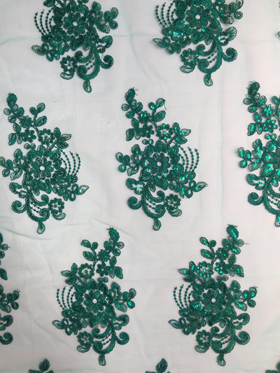 Brianna HUNTER GREEN Polyester Floral Embroidery with Sequins on Mesh Lace Fabric by the Yard - 10020