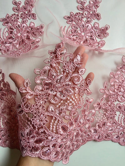 Brianna PINK Polyester Floral Embroidery with Sequins on Mesh Lace Fabric by the Yard - 10020