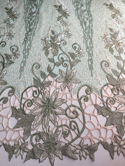 Skye SAGE Embroidered Floral Edge Guipure on Mesh Lace Fabric by the Yard - 10110