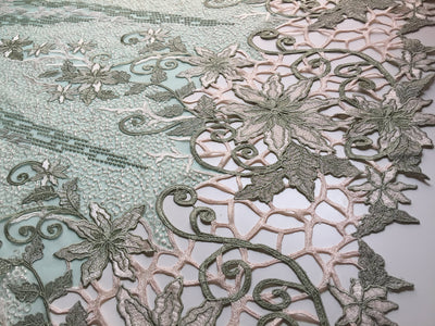 Skye SAGE Embroidered Floral Edge Guipure on Mesh Lace Fabric by the Yard - 10110
