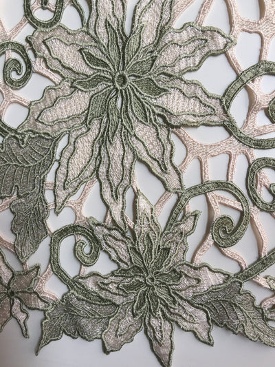 Skye SAGE Embroidered Floral Edge Guipure on Mesh Lace Fabric by the Yard - 10110
