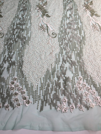 Skye SAGE Embroidered Floral Edge Guipure on Mesh Lace Fabric by the Yard - 10110