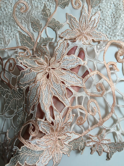 Skye PEACH Embroidered Floral Edge Guipure on Mesh Lace Fabric by the Yard - 10110