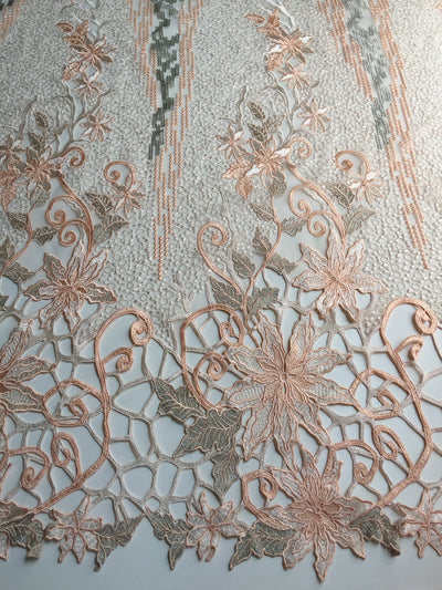 Skye PEACH Embroidered Floral Edge Guipure on Mesh Lace Fabric by the Yard - 10110
