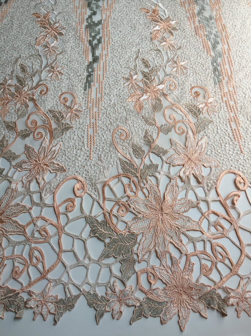 Skye PEACH Embroidered Floral Edge Guipure on Mesh Lace Fabric by the Yard - 10110