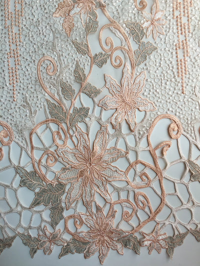 Skye PEACH Embroidered Floral Edge Guipure on Mesh Lace Fabric by the Yard - 10110
