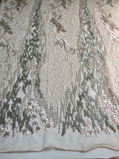 Skye BEIGE TAUPE Embroidered Floral Edge Guipure on Mesh Lace Fabric by the Yard - 10110