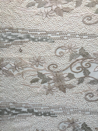 Skye BEIGE TAUPE Embroidered Floral Edge Guipure on Mesh Lace Fabric by the Yard - 10110