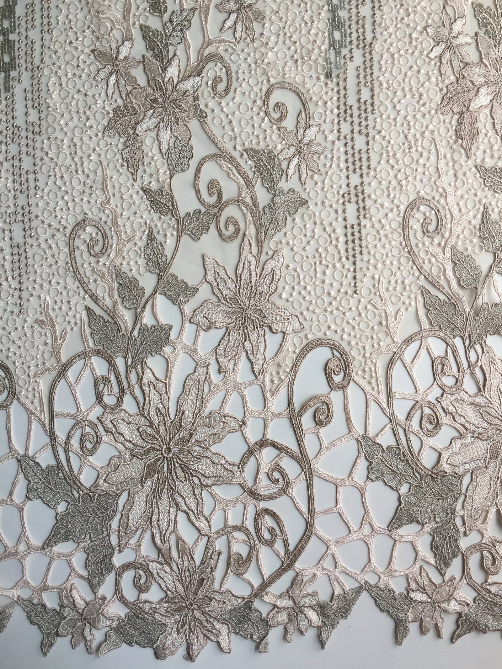 Skye BEIGE TAUPE Embroidered Floral Edge Guipure on Mesh Lace Fabric by the Yard - 10110