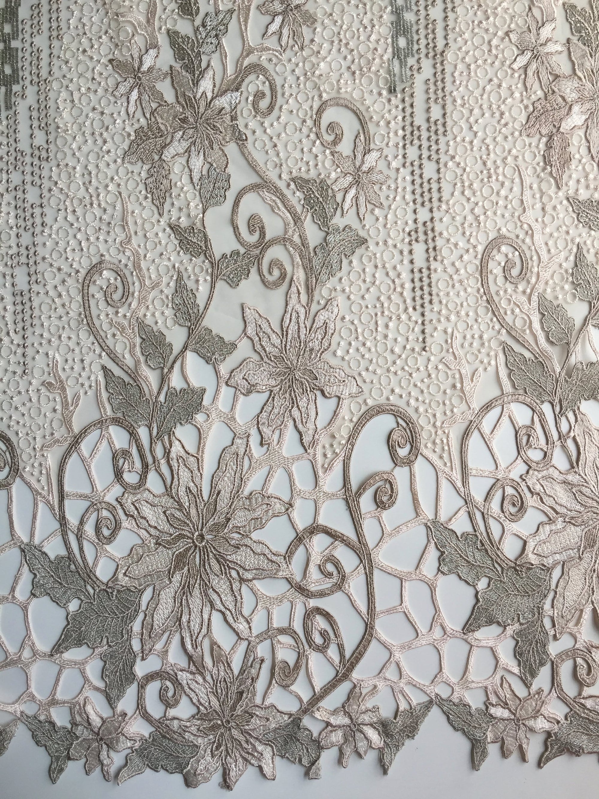 Skye BEIGE TAUPE Embroidered Floral Edge Guipure on Mesh Lace Fabric by the Yard - 10110