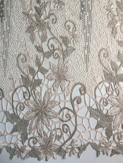Skye BEIGE TAUPE Embroidered Floral Edge Guipure on Mesh Lace Fabric by the Yard - 10110