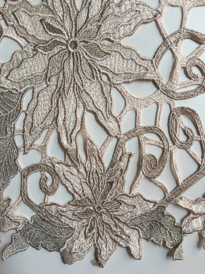 Skye BEIGE TAUPE Embroidered Floral Edge Guipure on Mesh Lace Fabric by the Yard - 10110