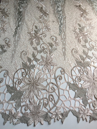 Skye BEIGE TAUPE Embroidered Floral Edge Guipure on Mesh Lace Fabric by the Yard - 10110