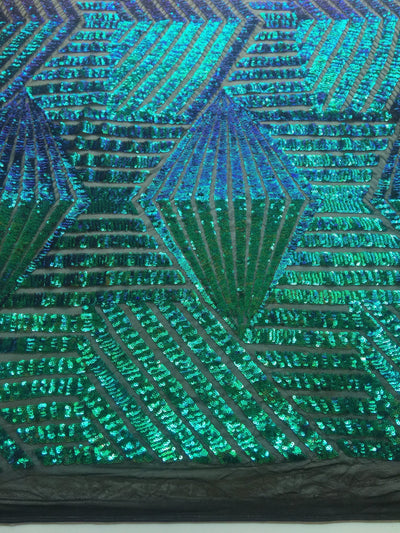 Thea IRIDESCENT GREEN BLUE Geometric Sequins Diamond & Stripes on Mesh Lace Fabric by the Yard - 10026