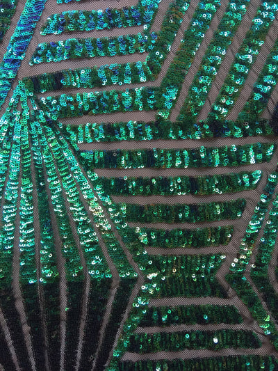Thea IRIDESCENT GREEN BLUE Geometric Sequins Diamond & Stripes on Mesh Lace Fabric by the Yard - 10026