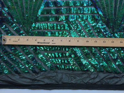 Thea IRIDESCENT GREEN BLUE Geometric Sequins Diamond & Stripes on Mesh Lace Fabric by the Yard - 10026
