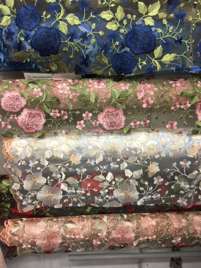 Iris PINK Floral and Leaves Embroidery on Mesh Lace Fabric by the Yard - 10006